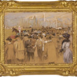 Framed drawing by Edouard Zawiski depicting spectators and jockeys at a horse race.