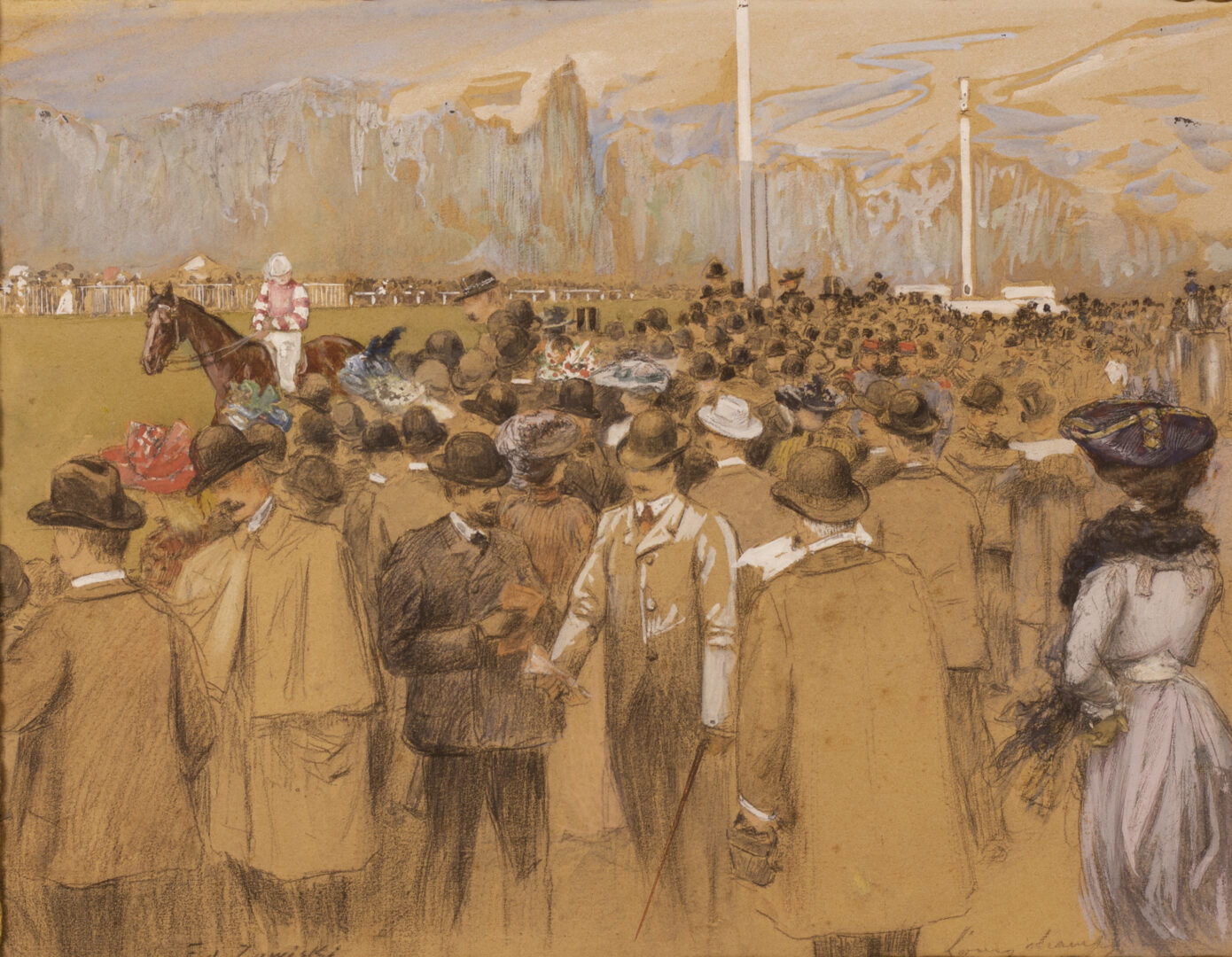 Drawing by Edouard Zawiski showing an elegant crowd at a horse race in Longchamp.