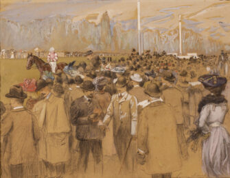 Drawing by Edouard Zawiski showing an elegant crowd at a horse race in Longchamp.