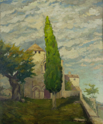 French School – Landscape with Church and Cypress | Aurora & Athena Auction House French School – Landscape with Church and Cypress