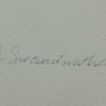 Close-up of Jagdish Swaminathan's signature in the lower right corner of the abstract composition.