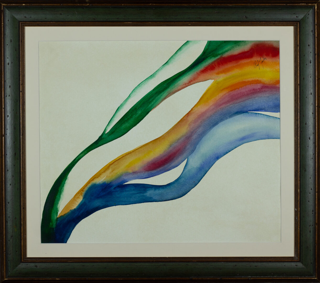 Framed view of Paul Jenkins' "Flowing Spectrum" watercolor – abstract bands of green, red, yellow, and blue flowing diagonally across the paper.