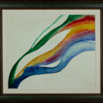 Framed view of Paul Jenkins' "Flowing Spectrum" watercolor – abstract bands of green, red, yellow, and blue flowing diagonally across the paper.
