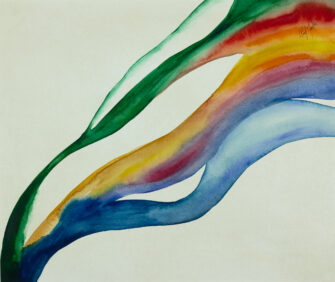 Unframed view of Paul Jenkins' "Flowing Spectrum" watercolor painting – vibrant abstract composition with multicolored curved strokes.