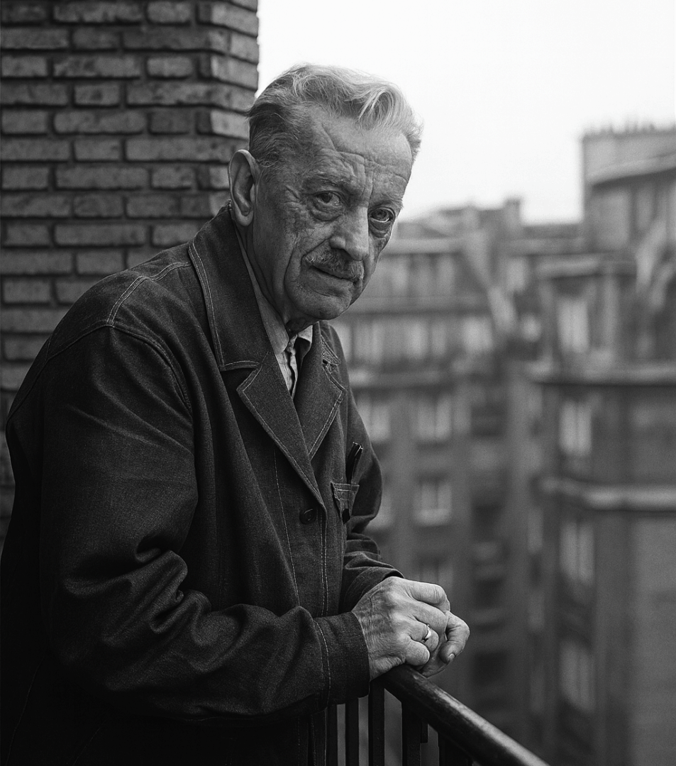 Josef Šíma in his Paris studio, 1950s – the Czech modernist painter known for his lyrical abstractions and exploration of light and geometry.