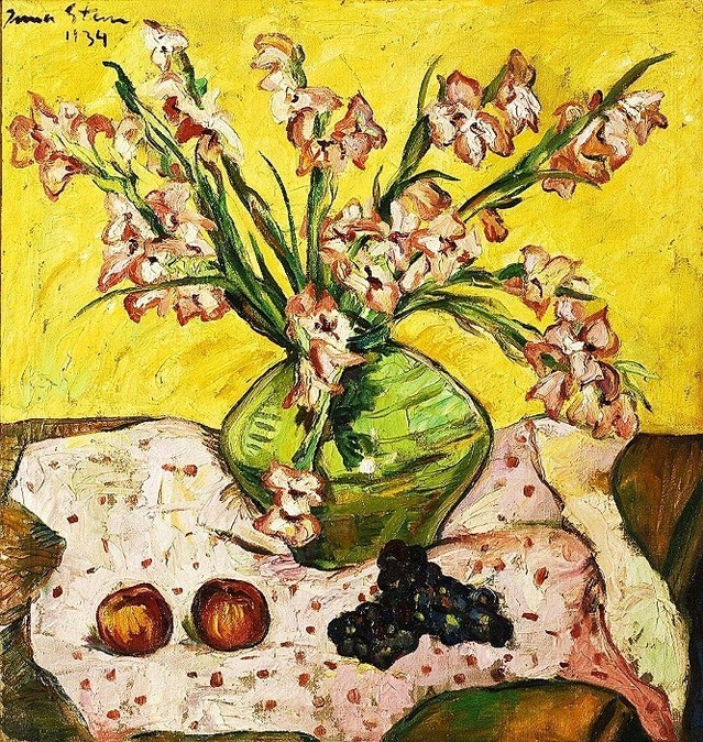 Still life painting with gladioli and fruit by Irma Stern. | Aurora & Athena Auction House Still life painting with gladioli and fruit by Irma Stern.