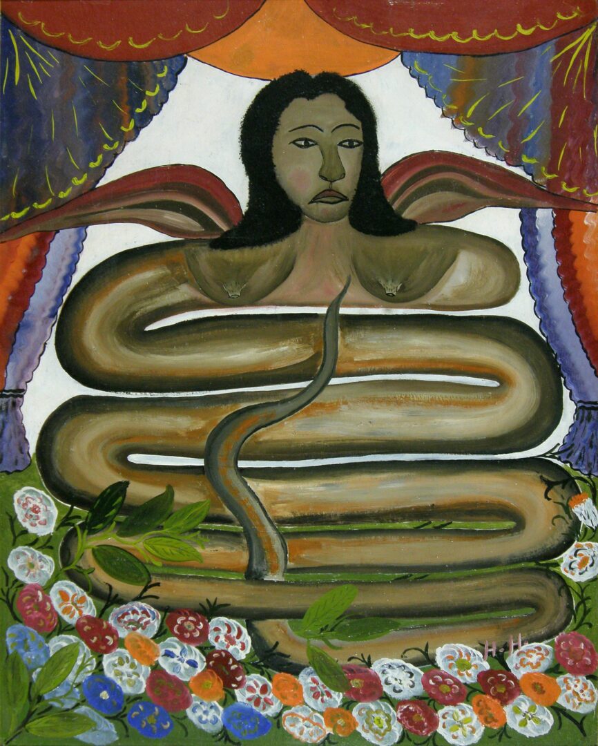 Hector Hyppolite’s Damballah La Flambeau (c.1947) – a vibrant Vodou tableau featuring a snake goddess entwined with a serpent, exemplifying the artist’s spiritually charged style and bold color sense. | Aurora & Athena Auction House Hector Hyppolite’s Damballah La Flambeau (c.1947) – a vibrant Vodou tableau featuring a snake goddess entwined with a serpent, exemplifying the artist’s spiritually charged style and bold color sense.