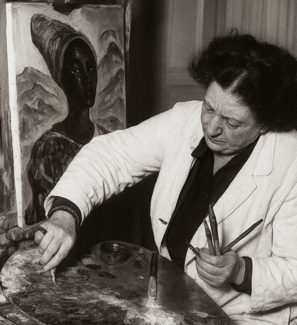 Irma Stern mixing paint on a palette in her studio, with an unfinished portrait of an African woman behind her.
