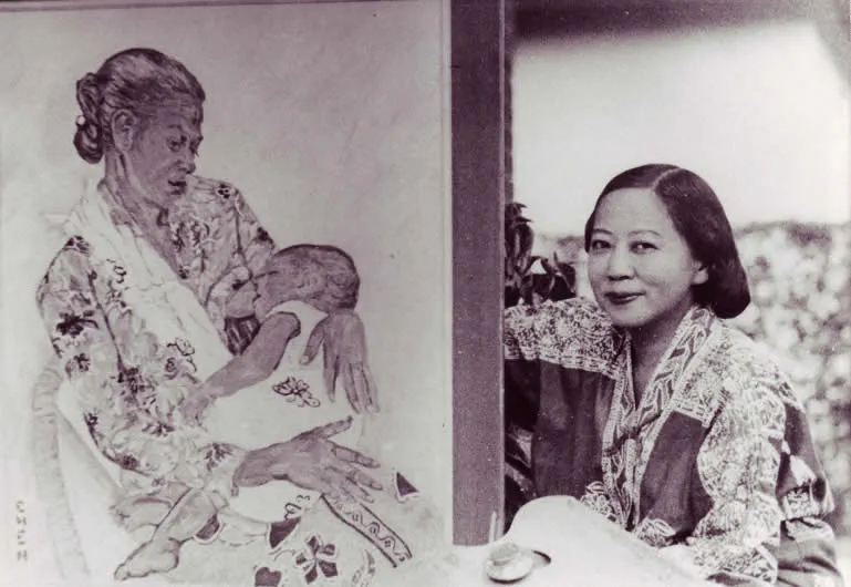 Georgette Chen in 1960s Singapore sitting beside her portrait painting of a woman with a child