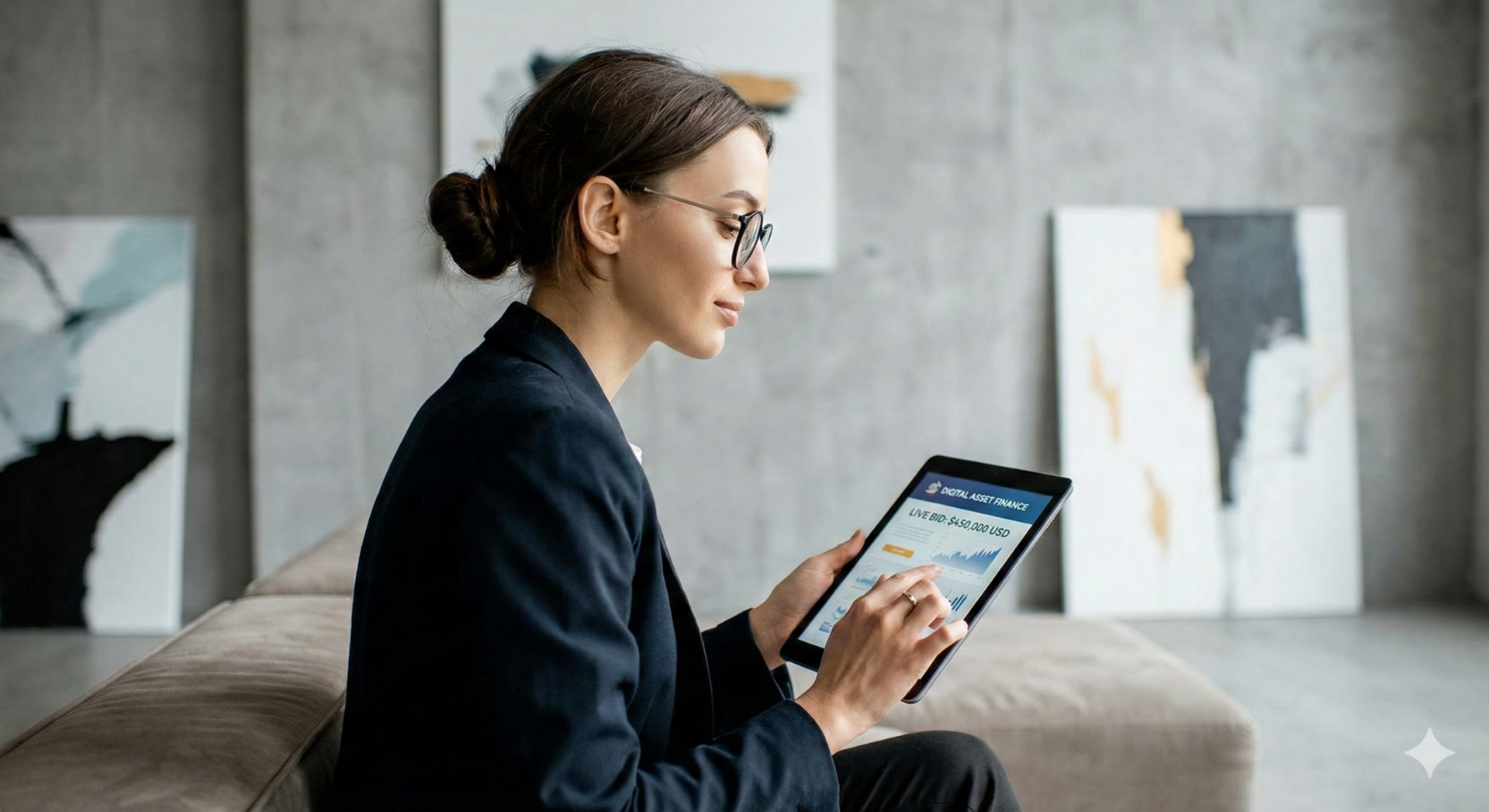 Digital native art collector participating in an online auction, driving the high-volume segment of the Art Market 2026. | Aurora & Athena Auction House Digital native art collector participating in an online auction, driving the high-volume segment of the Art Market 2026.