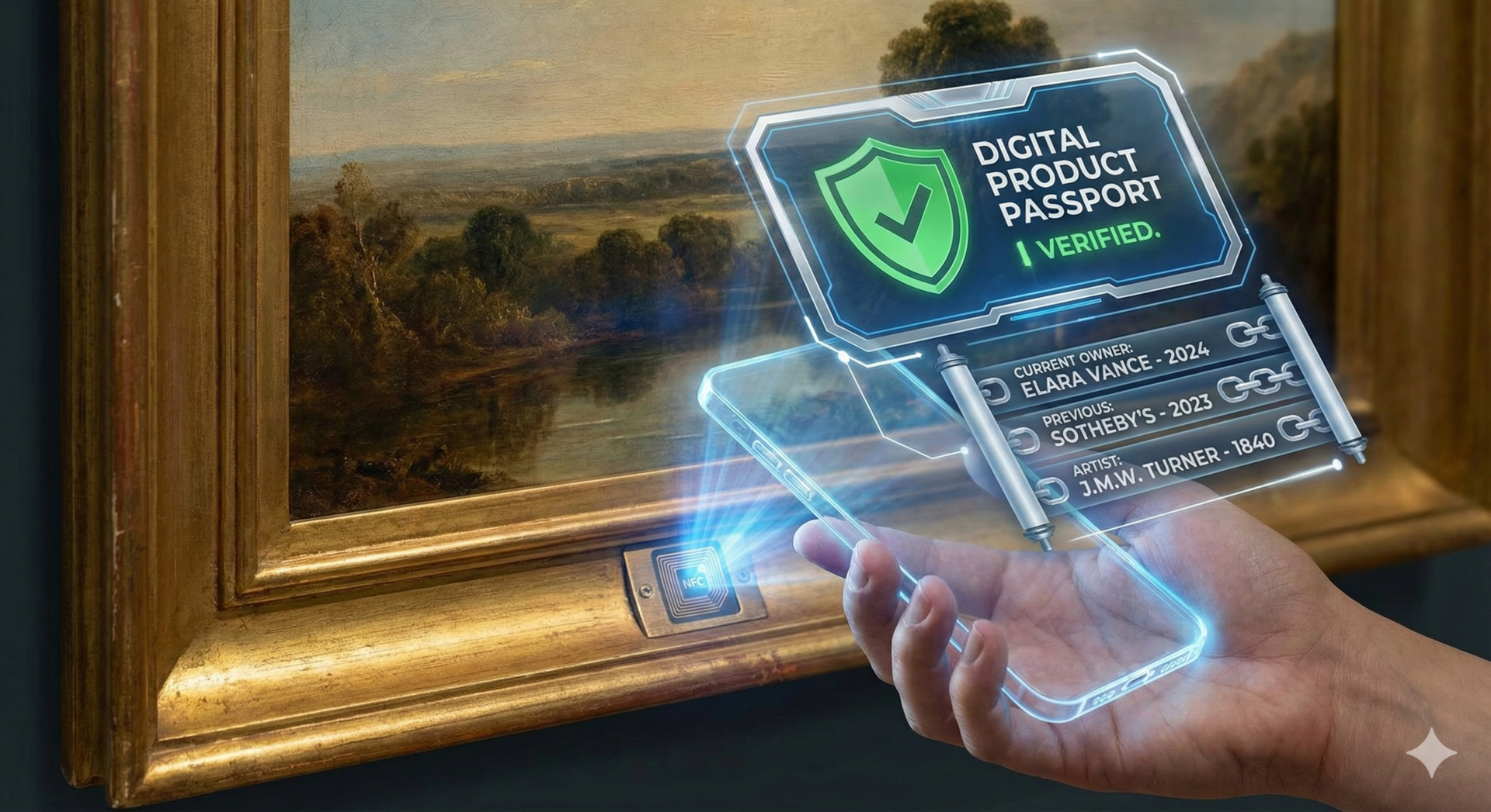 Scanning an NFC chip on an artwork to reveal its Digital Product Passport (DPP) and immutable blockchain provenance. | Aurora & Athena Auction House Scanning an NFC chip on an artwork to reveal its Digital Product Passport (DPP) and immutable blockchain provenance.