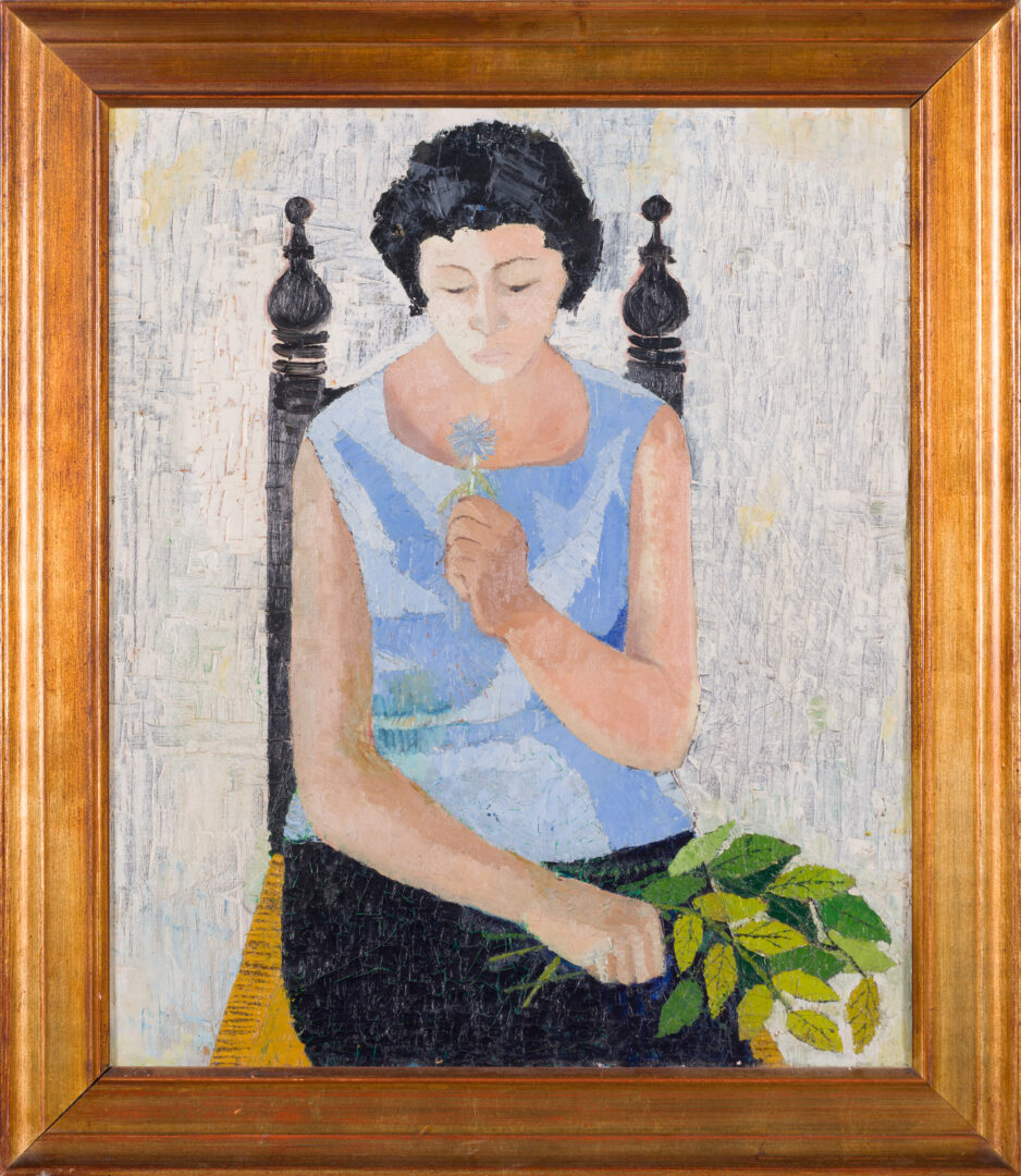 20th Century Catalan School Young Woman with Flowers framed painting