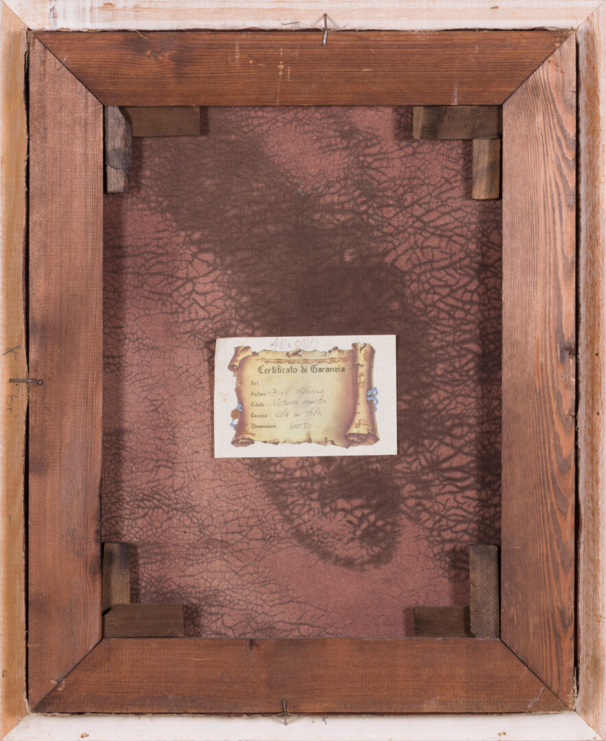 Del Grano Natura Morta back of canvas with certificate of guarantee