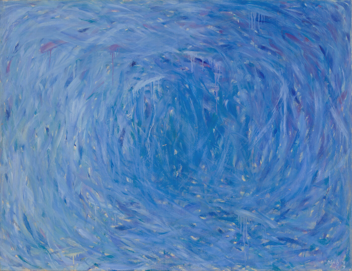 Mubin Orhon Abstract Composition 1957 oil on canvas blue swirling abstraction