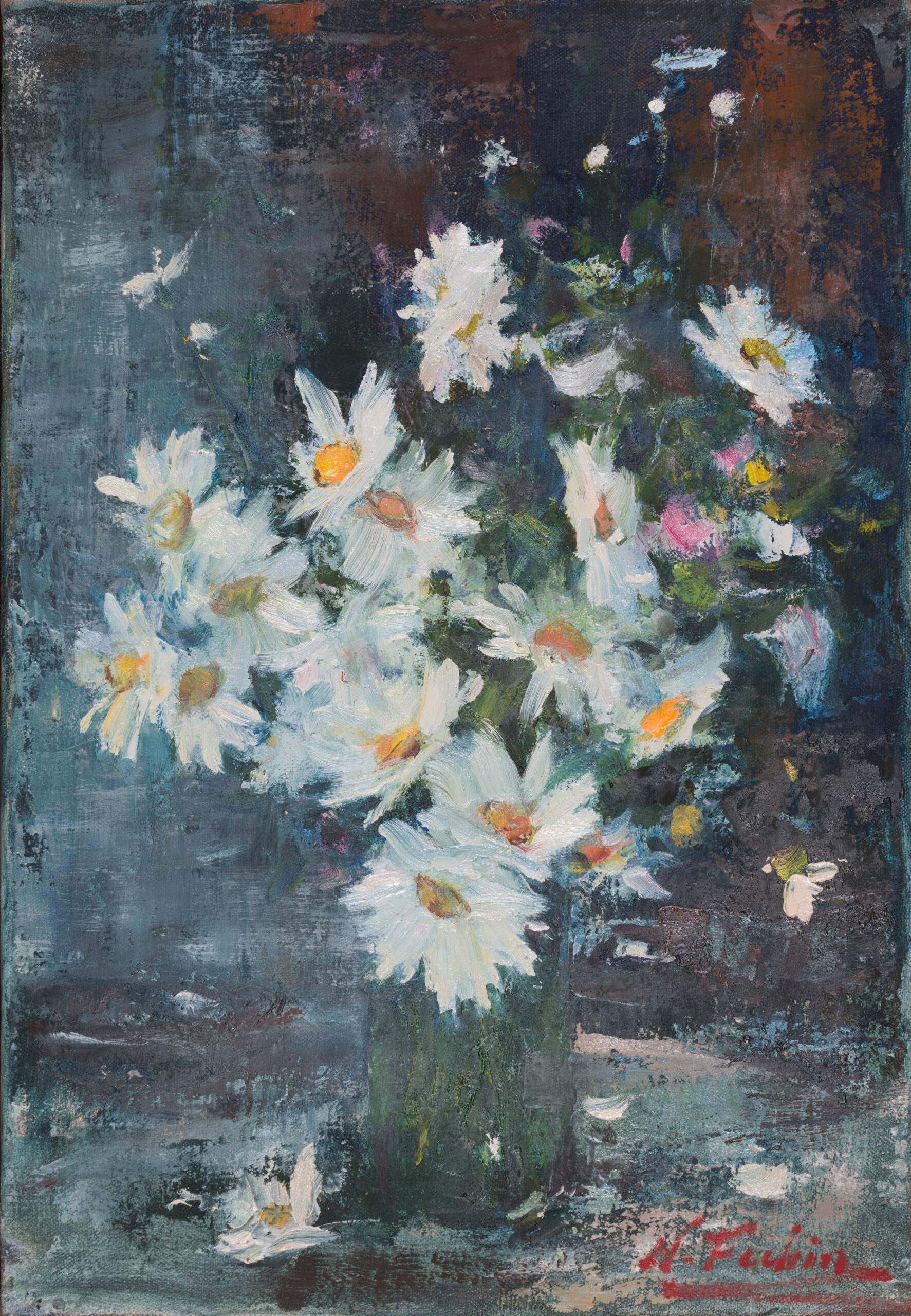 Nicolai Fechin Daisies in a Glass Vase oil on canvas still life painting