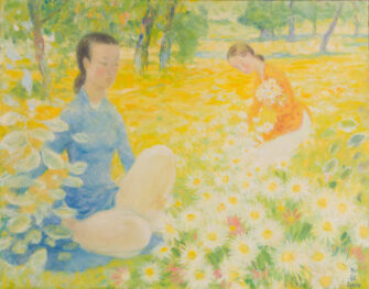 Le Pho Parmi les fleurs oil on canvas painting figures in daisies