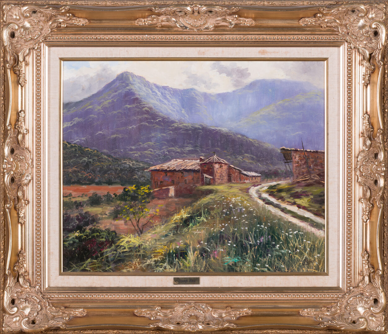 Josep Bau Mountain Masia framed painting of farmhouse and mountains