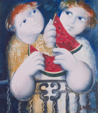Oil painting children with watermelon 1996 in a frame