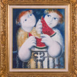 Children with watermelon oil painting in a decorative frame