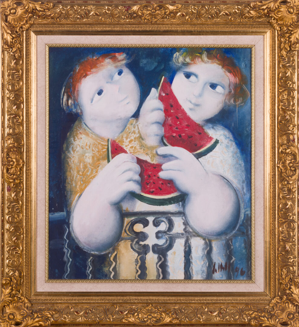 Children with watermelon oil painting in a decorative frame