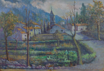 20th Century Catalan School landscape painting of a village