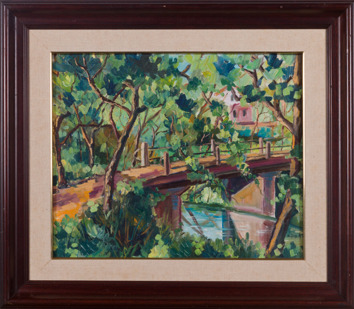 Landscape oil painting by N. Puvill in a decorative frame