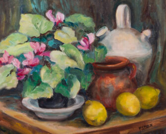 M. Gavalda oil painting still life with cyclamen and lemons