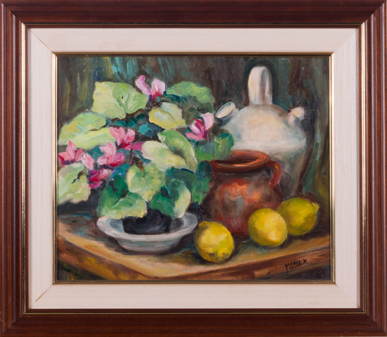 Still life oil painting by M. Gavalda in a decorative frame
