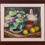 Still life oil painting by M. Gavalda in a decorative frame