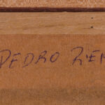 Handwritten artist attribution on the back of the Pere Riera painting