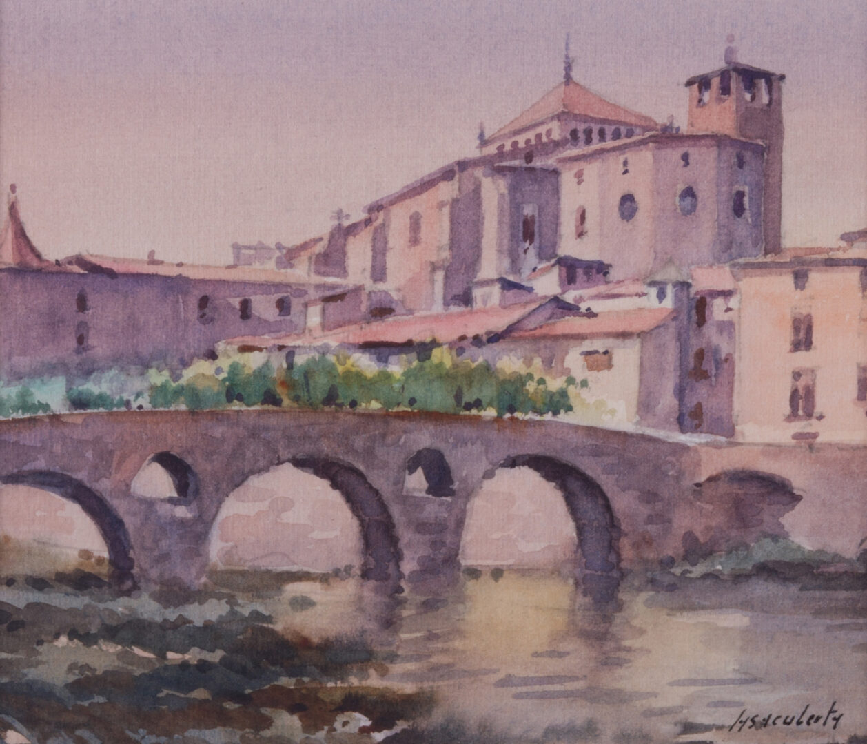 20th Century Spanish School watercolor painting townscape with bridge