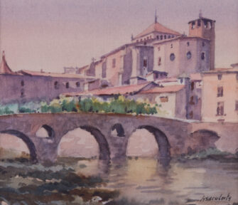 20th Century Spanish School watercolor painting townscape with bridge