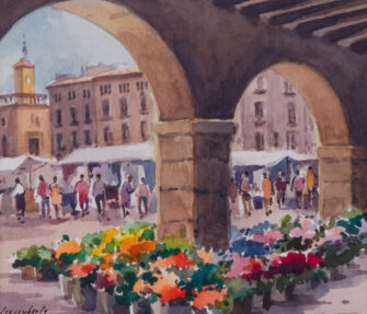 20th Century Spanish School watercolor painting market square scene