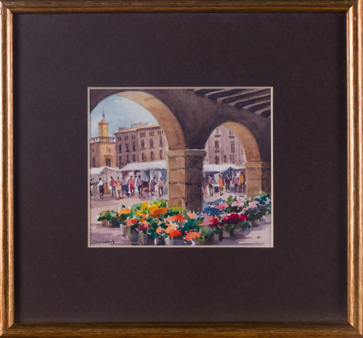 20th Century Spanish School watercolor painting in a decorative frame