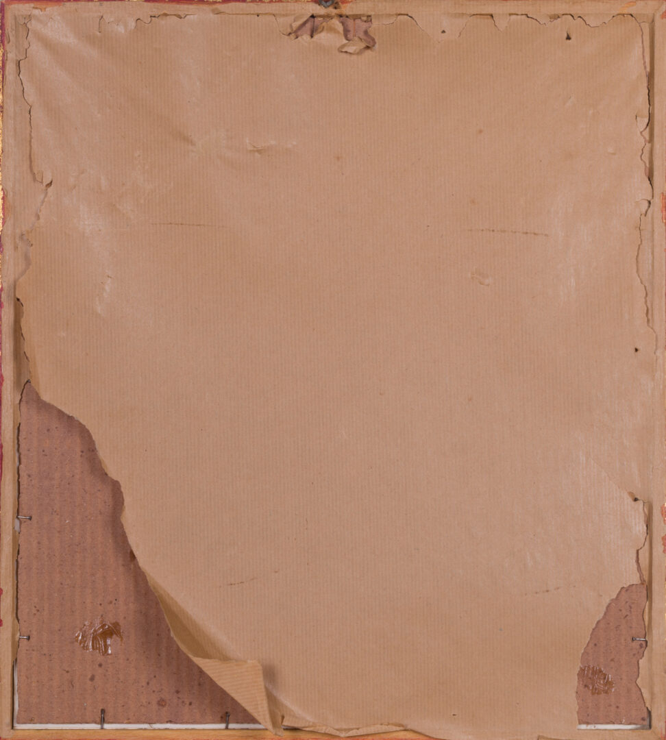 Back view of the framed Hussar officer print with worn paper backing