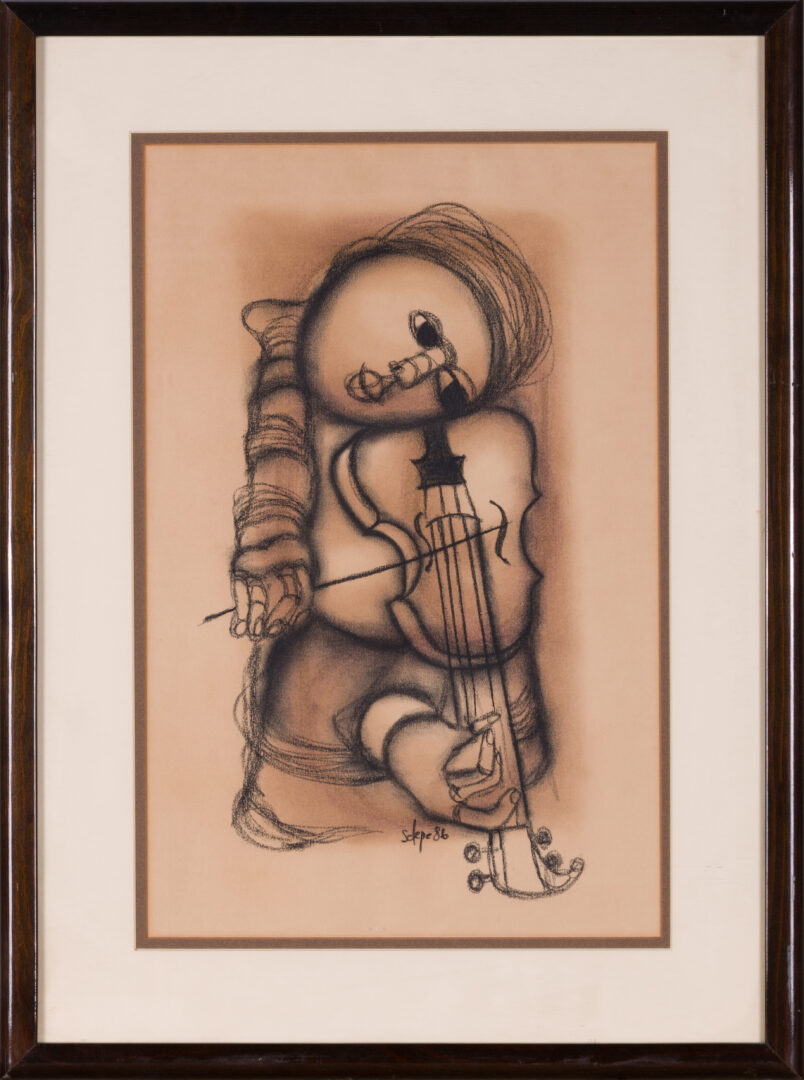 Charcoal drawing by Daniel Selepe in a decorative frame