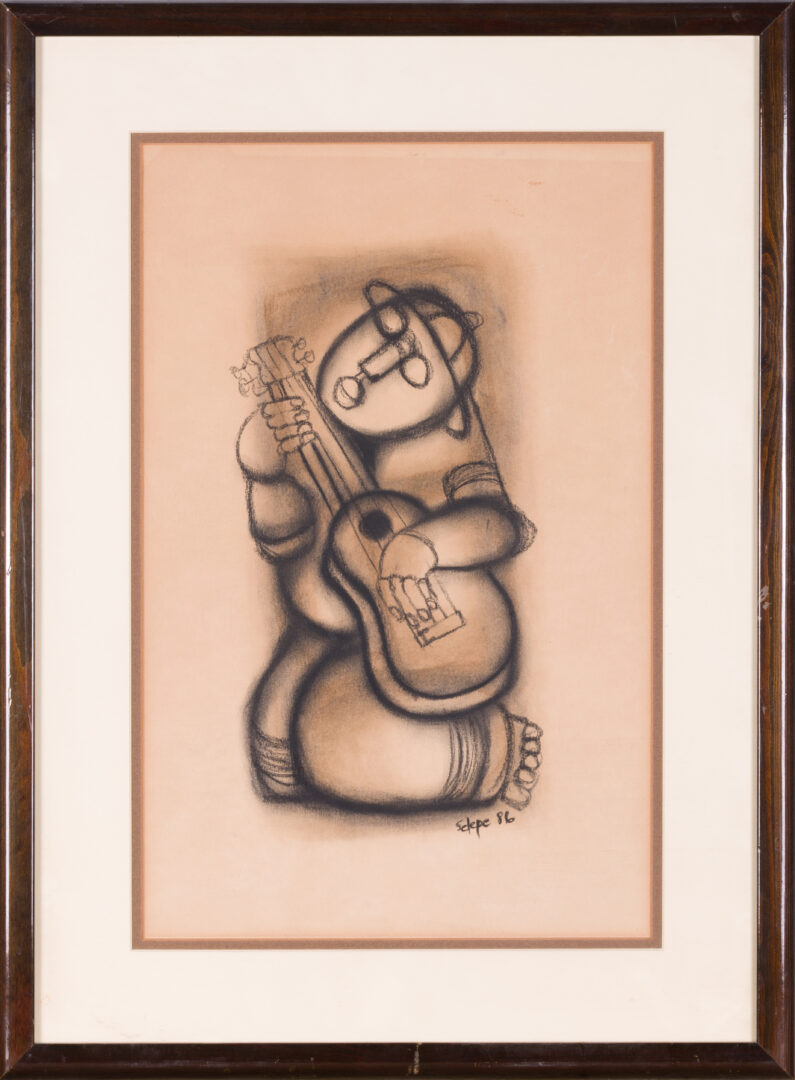 Charcoal drawing by Daniel Selepe in a decorative frame