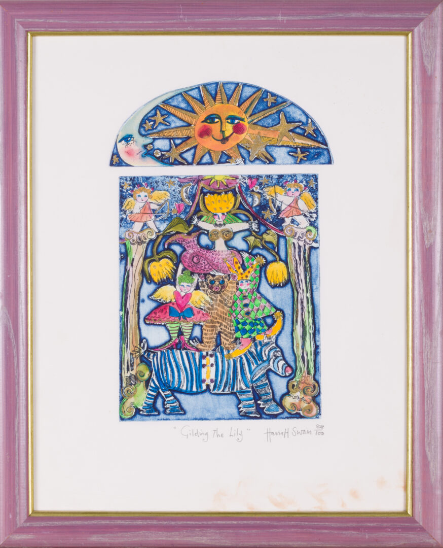 Hannah Swain lithograph "Gilding The Lily" in a decorative frame