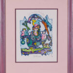 Hannah Swain lithograph in a decorative purple frame