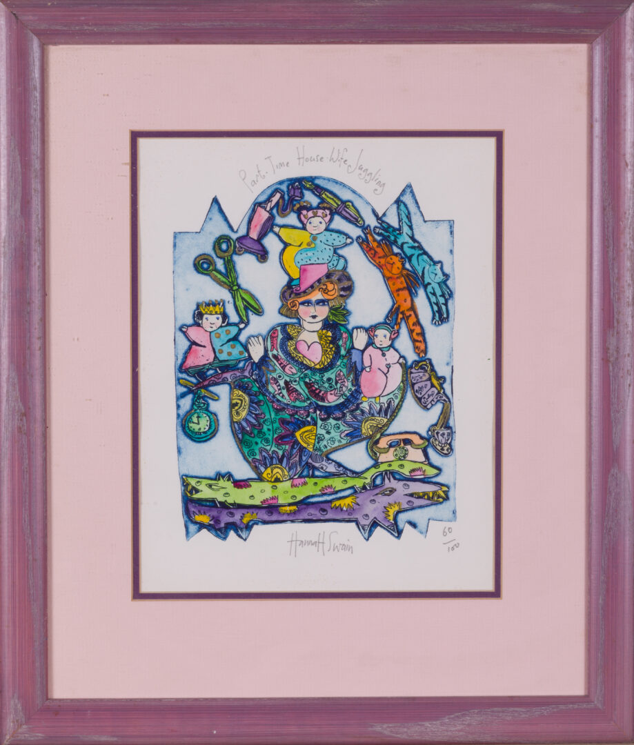Hannah Swain lithograph in a decorative purple frame