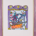 Hannah Swain lithograph "First Night for The Lugubrious Leopard" in a decorative frame