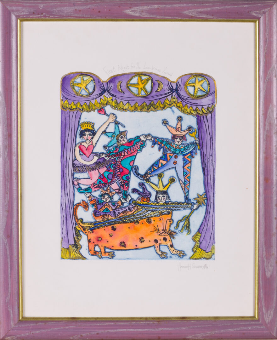Hannah Swain lithograph "First Night for The Lugubrious Leopard" in a decorative frame