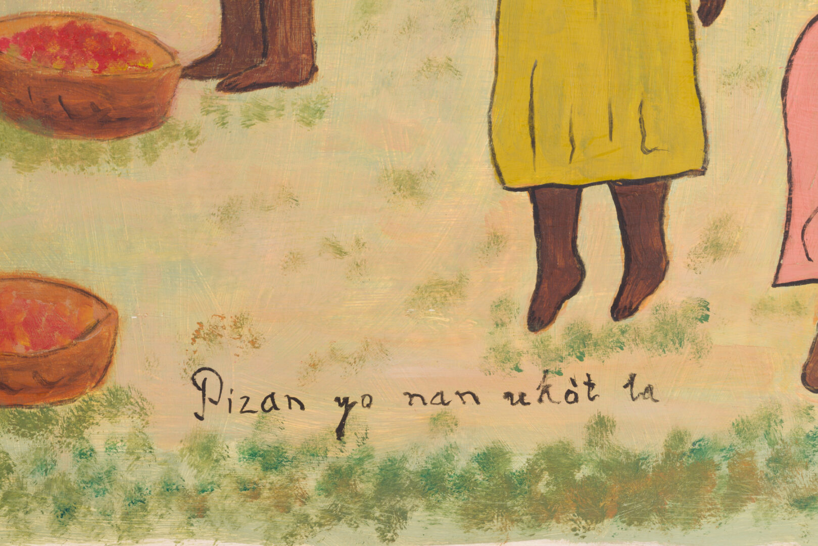 Detail of the inscribed title Pizan yo nan rekot la by Hector Hyppolite