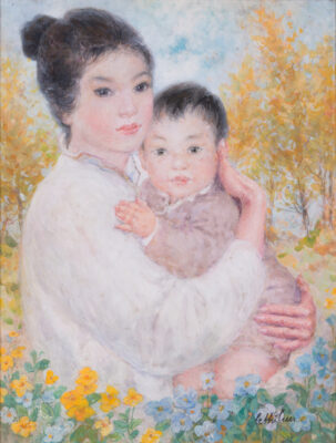 Mother and Child by Le Thi Luu, gouache and ink on silk painting