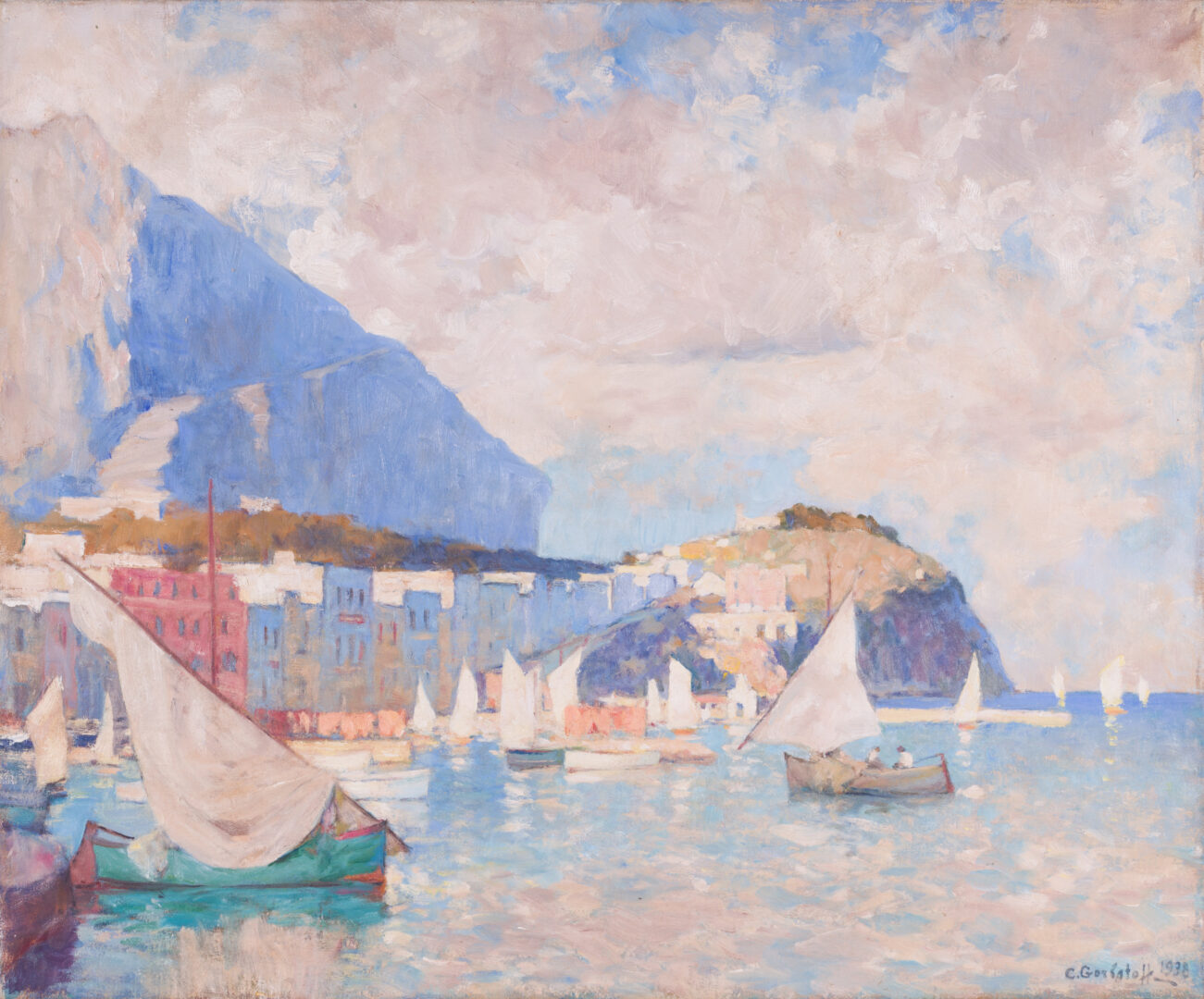 Coastal landscape painting with sailboats by Konstantin Gorbatov, 1938