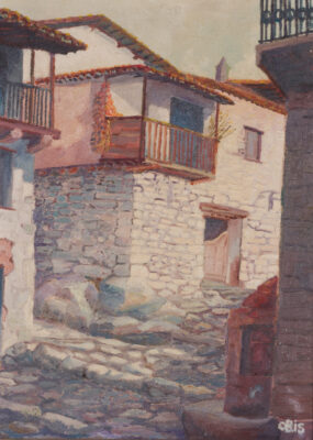 Catalan School oil painting of Candelario village street