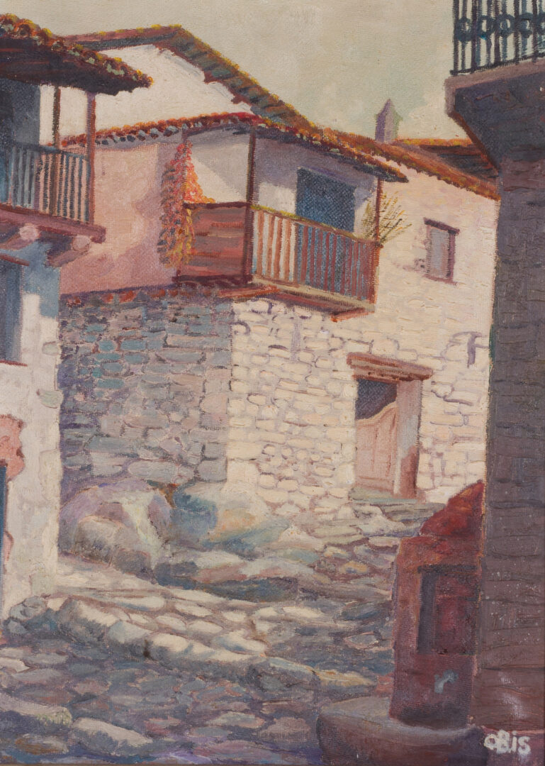 Catalan School oil painting of Candelario village street