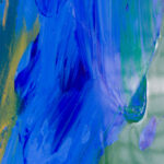 Close-up detail of the abstract brushstrokes in blue and green