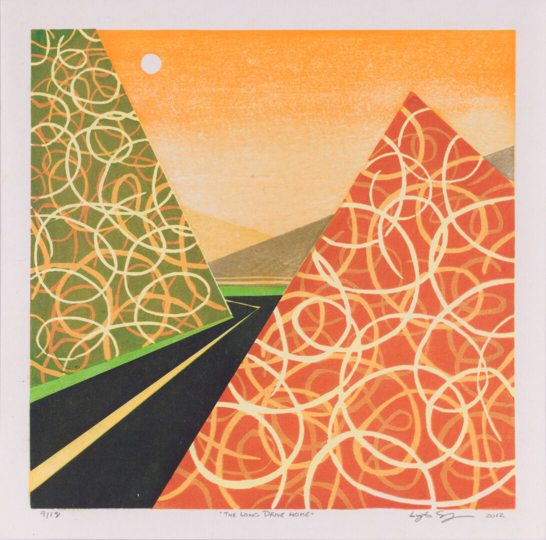 Lynita Shimizu Moku Hanga woodcut "The Long Drive Home"
