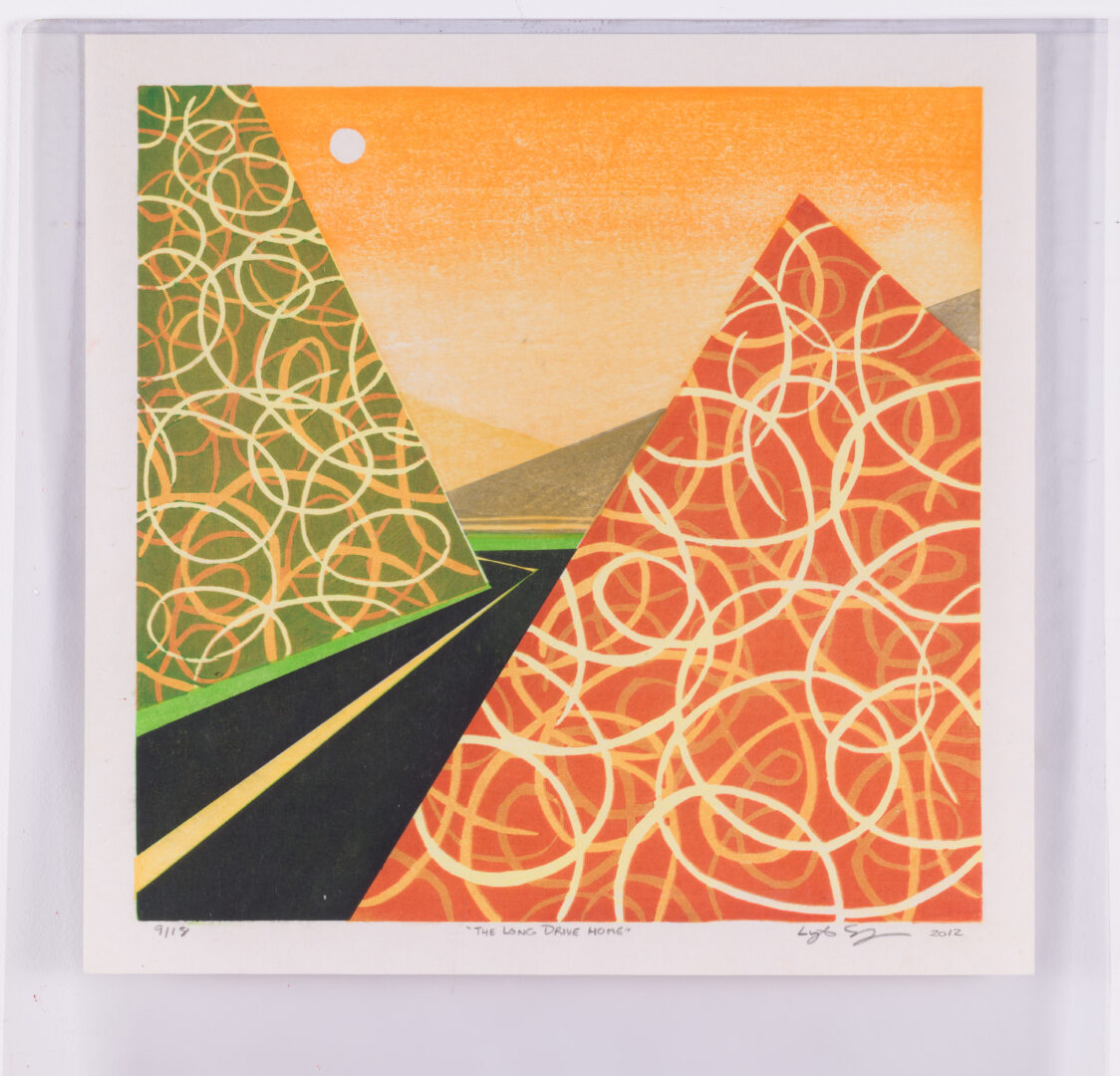 Full view of the woodcut "The Long Drive Home"